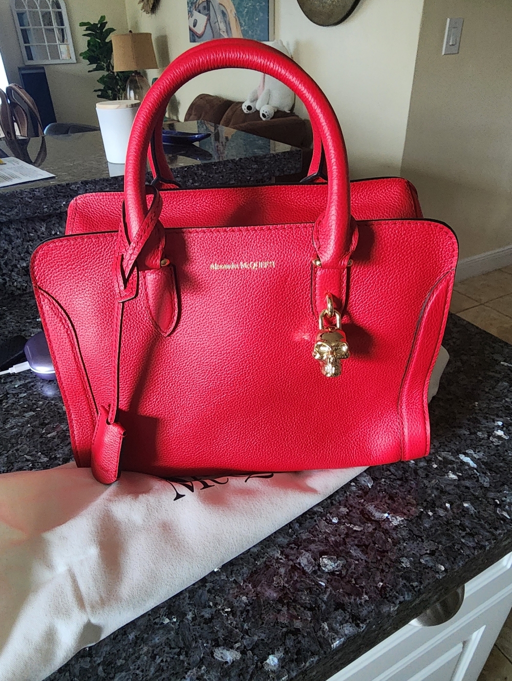 Alexander McQueen Red Pebbled Leather Satchel with Gold Hardware